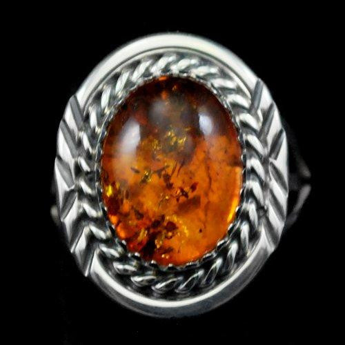 Garrison Boyd / Gary Boyd, Navajo<br>Ring R10 - Amber - Small Oval<br>with Saw Cut & Twist Wire<br>Perimeter Designs<br>Sizes 7, 8, 9