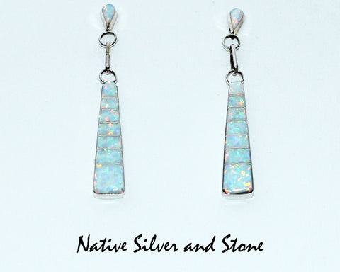 Z GWR (Zuni)<br>Earrings-Dangle Post<br>Channel Inlay<br>White Imitation Opal<br>with Green Highlights<br>Inverse Teardrop Top Accent