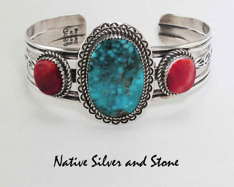 Z Garrison Boyd / Gary Boyd - Navajo<br>Bracelet - Cuff<br>28mm Emerald Valley Turquoise Oval<br>Orange Spiny Oyster Ovals<br>Sterling Silver Stamping Accents