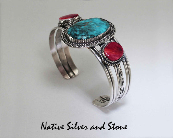 Z Garrison Boyd / Gary Boyd - Navajo<br>Bracelet - Cuff<br>28mm Emerald Valley Turquoise Oval<br>Orange Spiny Oyster Ovals<br>Sterling Silver Stamping Accents