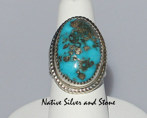 Z Gene & Martha Jackson<br>Both Deceased<br>Navajo Jewelry<br>Handmade Ring<br>Natural Oval Blue Turquoise<br>in Sterling Silver<br>Size 7-1/2