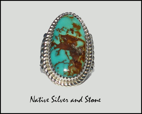 Z Gene & Martha Jackson<br>Both Deceased<br>Navajo Jewelry<br>Handmade Ring<br>Natural Oval Green Turquoise<br>in Sterling Silver<br>Size 7-1/2