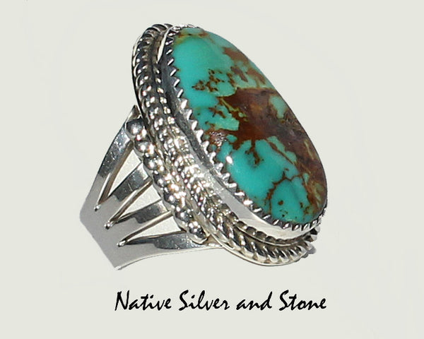Z Gene & Martha Jackson<br>Both Deceased<br>Navajo Jewelry<br>Handmade Ring<br>Natural Oval Green Turquoise<br>in Sterling Silver<br>Size 7-1/2