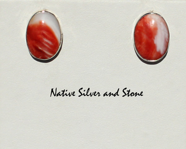 Z Gene & Martha Jackson<br>Both Deceased<br>Navajo<br>19/32" Earrings - Orange Spiny<br> Post<br>Medium Small Ovals<br>in Silver