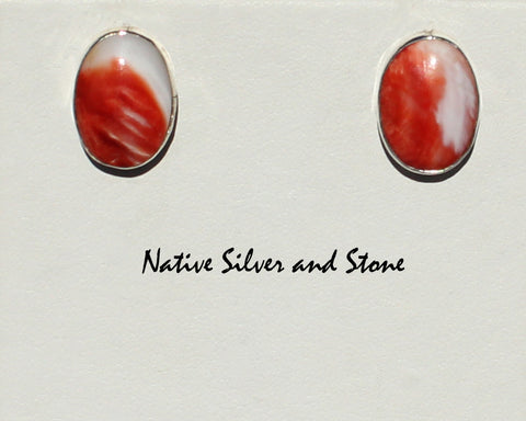 Z Gene & Martha Jackson<br>Both Deceased<br>Navajo<br>19/32" Earrings - Orange Spiny<br> Post<br>Medium Small Ovals<br>in Silver