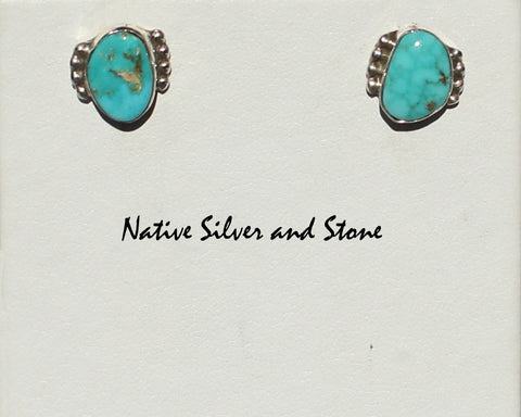 Z Gene & Martha Jackson<br>Both Deceased<br>Handmade Navajo Jewelry<br>Natural Turquoise Earrings - Post<br>Small Abstract Ovals<br>Silver Bead Accents