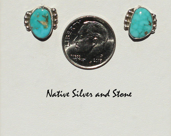 Z Gene & Martha Jackson<br>Both Deceased<br>Handmade Navajo Jewelry<br>Natural Turquoise Earrings - Post<br>Small Abstract Ovals<br>Silver Bead Accents