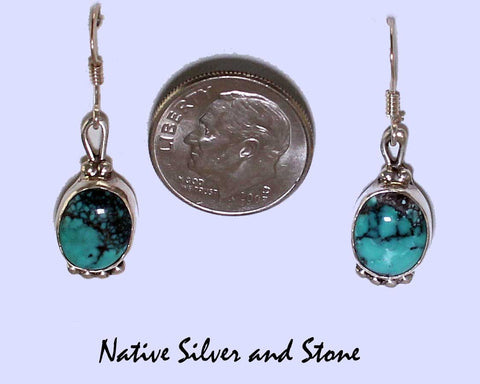 Z Gene & Martha Jackson<br>Both Deceased<br>Navajo Jewelry<br>Earrings - French Wire<br>Natural Green-Blue Turquoise<br>Vertical Oval in Sterling Silver with<br>Bead Accents
