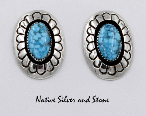 Z Gene & Martha Jackson<br>Both Deceased<br>Navajo Jewelry<br>Earrings - Post<br>Large Web Turquoise Ovals<br>in Convex Stamped Silver Ring