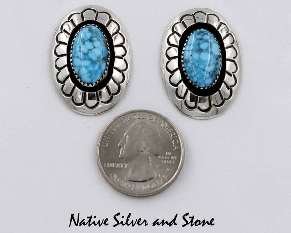 Z Gene & Martha Jackson<br>Both Deceased<br>Navajo Jewelry<br>Earrings - Post<br>Large Web Turquoise Ovals<br>in Convex Stamped Silver Ring