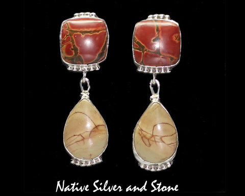 Z Gene & Martha Jackson<br>Both Deceased<br>Navajo Jasper Earrings - Dangle-Post<br>Square & Teardrop<br>Double Cabochons<br>Red and Beige Jasper in Sterling
