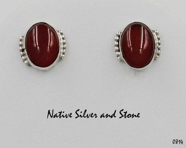 Z Gene & Martha Jackson<br>Both Deceased<br>Navajo Jewelry<br>Handmade Earrings - Post<br>Carnelian Ovals<br>in Sterling Silver with Beaded Accents