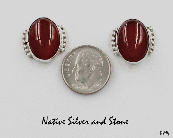 Z Gene & Martha Jackson<br>Both Deceased<br>Navajo Jewelry<br>Handmade Earrings - Post<br>Carnelian Ovals<br>in Sterling Silver with Beaded Accents