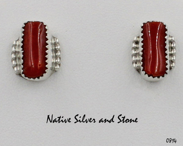 Z Gene & Martha Jackson<br>Both Deceased<br>Navajo Jewelry<br>Handmade Earrings - Post<br>Coral Rectangles<br>in Sterling Silver with Beaded Accents