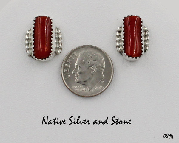 Z Gene & Martha Jackson<br>Both Deceased<br>Navajo Jewelry<br>Handmade Earrings - Post<br>Coral Rectangles<br>in Sterling Silver with Beaded Accents