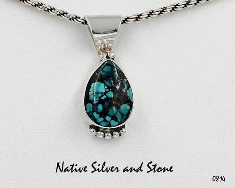 Z Gene & Martha Jackson<br>Both Deceased<br>Handmade Navajo Pendant (Only)<br>Blue Turquoise Teardrop<br>Silver Beaded Bottom