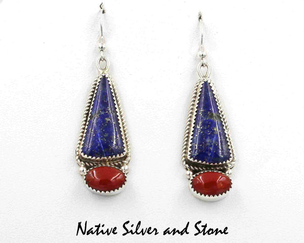 Z Gene & Martha Jackson<br>Both Deceased<br>Navajo Jewelry<br>Handmade Earrings - French Wire<br>Lapis Lazuli & Coral<br>Elongated Triangle and Horizontal Oval<br>with Silver Dot Accents