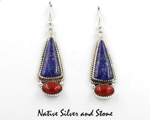 Z Gene & Martha Jackson<br>Both Deceased<br>Navajo Jewelry<br>Handmade Earrings - French Wire<br>Lapis Lazuli & Coral<br>Elongated Triangle and Horizontal Oval<br>with Silver Dot Accents