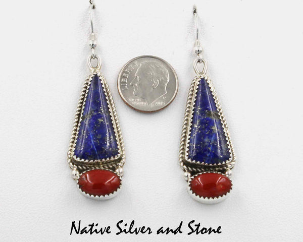 Z Gene & Martha Jackson<br>Both Deceased<br>Navajo Jewelry<br>Handmade Earrings - French Wire<br>Lapis Lazuli & Coral<br>Elongated Triangle and Horizontal Oval<br>with Silver Dot Accents
