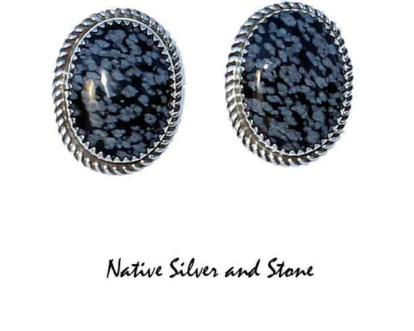 Z Gene & Martha Jackson<br>Both Deceased<br>Navajo Jewelry<br>Handmade Earrings - Post<br>Natural Snowflake Obsidian Ovals<br>in Sterling Silver Twistwire Perimeter