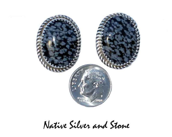 Z Gene & Martha Jackson<br>Both Deceased<br>Navajo Jewelry<br>Handmade Earrings - Post<br>Natural Snowflake Obsidian Ovals<br>in Sterling Silver Twistwire Perimeter