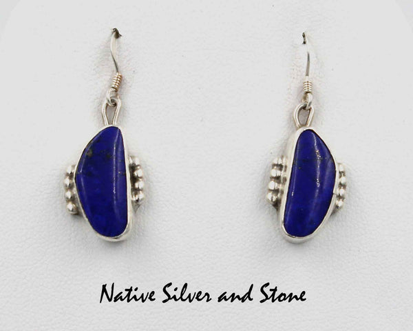Z Gene & Martha Jackson<br>Both Deceased<br>Navajo Jewelry<br>Lapis Lazuli Earrings - French Wire<br>Small Thin Oblong<br>Silver Beaded Side Accents