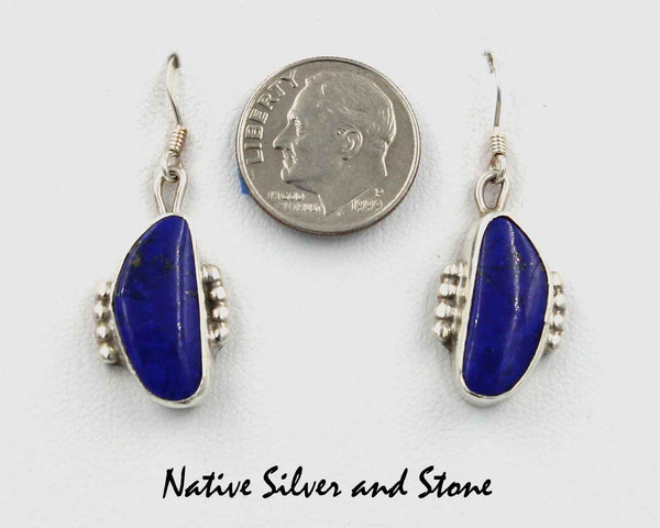 Z Gene & Martha Jackson<br>Both Deceased<br>Navajo Jewelry<br>Lapis Lazuli Earrings - French Wire<br>Small Thin Oblong<br>Silver Beaded Side Accents