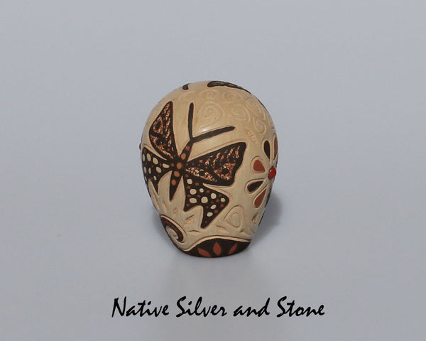 Glendora (Daubs) Fragua<br>Handmade Jemez Buff Scraffito Seed Pot<br>Butterflies with Coral Dot Inlay