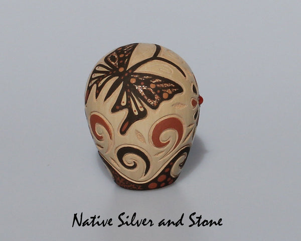 Glendora (Daubs) Fragua<br>Handmade Jemez Buff Scraffito Seed Pot<br>Butterflies with Coral Dot Inlay