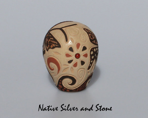 Glendora (Daubs) Fragua<br>Handmade Jemez Buff Scraffito Seed Pot<br>Butterflies with Coral Dot Inlay