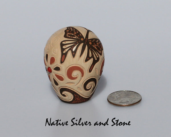 Glendora (Daubs) Fragua<br>Handmade Jemez Buff Scraffito Seed Pot<br>Butterflies with Coral Dot Inlay