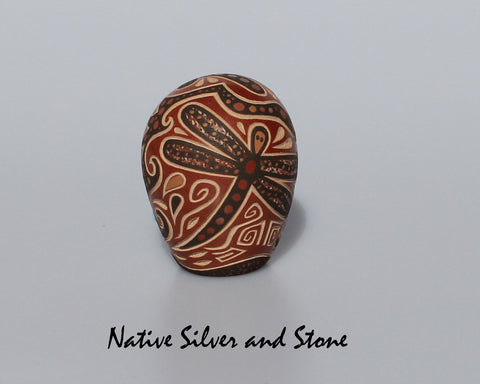 Glendora (Daubs) Fragua<br>Handmade Jemez Scraffito Redware Seed Pot<br>Dragonflies with Turquoise Dot Inlay