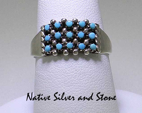 Z Haloo - Zuni<br>Ring<br>3 Row Snake-eye Turquoise Inlay<br>Sterling Silver<br>Size  7-1/4