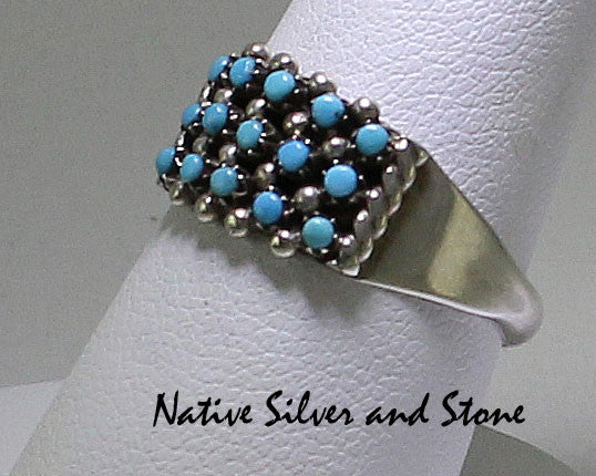 Z Haloo - Zuni<br>Ring<br>3 Row Snake-eye Turquoise Inlay<br>Sterling Silver<br>Size  7-1/4