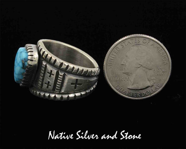 Z Harrison Jim - Navajo Jewelry<br>Handmade Ring<br>Turquoise - Triangle<br>Heavy Silver Stamping<br>Size 10-1/2