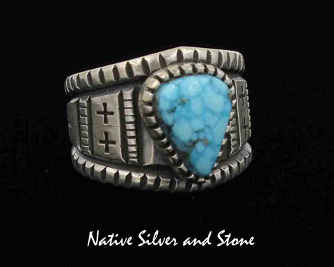 Z Harrison Jim - Navajo Jewelry<br>Handmade Ring<br>Turquoise - Triangle<br>Heavy Silver Stamping<br>Size 10-1/2