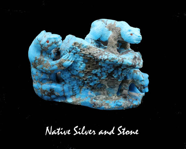 Z Bear Family - (Three) on Structure<br>Diorama<br>Zuni Fetish Carving<br>Herbert Him<br>Turquoise w Coral Eyes