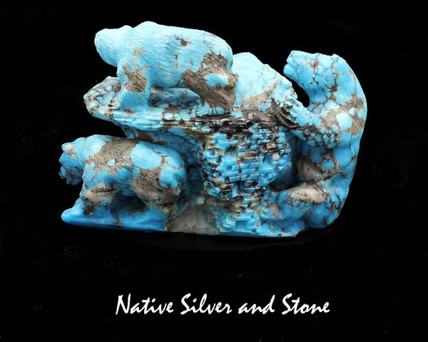 Z Bear Family - (Three) on Structure<br>Diorama<br>Zuni Fetish Carving<br>Herbert Him<br>Turquoise w Coral Eyes