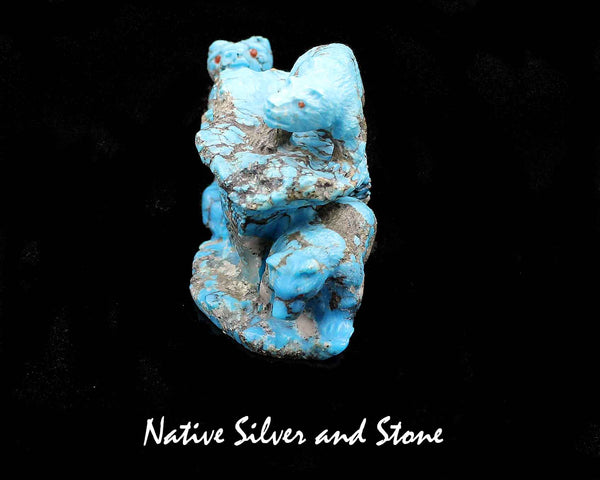 Z Bear Family - (Three) on Structure<br>Diorama<br>Zuni Fetish Carving<br>Herbert Him<br>Turquoise w Coral Eyes