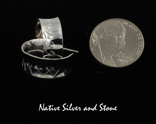 Howard Sice - Hopi Laguna<br>Earrings - Post - Anticlastic<br>Hoops 5/16" Wide<br>Stamped & Etched<br>Argentium Sterling Silver<br>Mountain