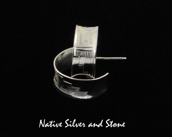 Howard Sice - Hopi Laguna<br>Earrings - Post - Anticlastic<br>Hoops 5/16" Wide<br>Stamped & Etched<br>Argentium Sterling Silver<br>Wind