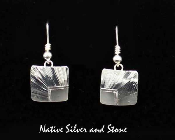 Z Howard Sice -Hopi-Laguna<br>1/2" Earrings<br>Sunburst Squares<br>Stamped and Etched<br>Hook<br>Sterling Silver