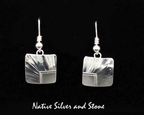 Z Howard Sice -Hopi-Laguna<br>1/2" Earrings<br>Sunburst Squares<br>Stamped and Etched<br>Hook<br>Sterling Silver