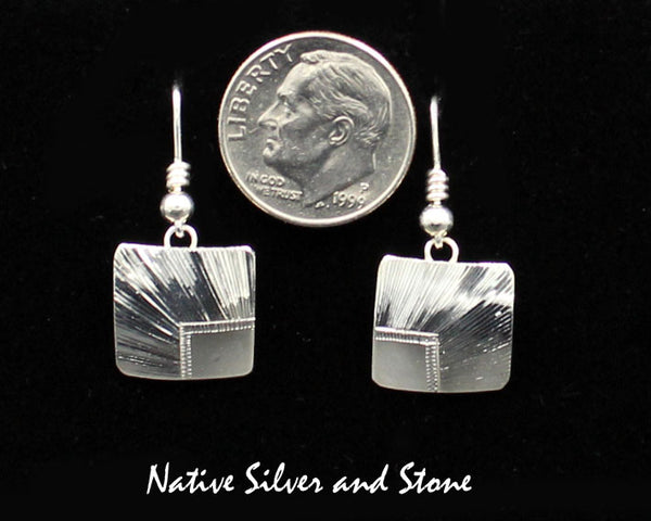Z Howard Sice -Hopi-Laguna<br>1/2" Earrings<br>Sunburst Squares<br>Stamped and Etched<br>Hook<br>Sterling Silver