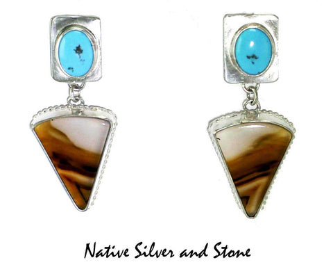 Howard Sice (Hopi-Laguna)<br>Earrings - Dangle Post<br>Turquoise Ovals & Montana Banded Agate Triangles<br>Argentium Sterling Silver