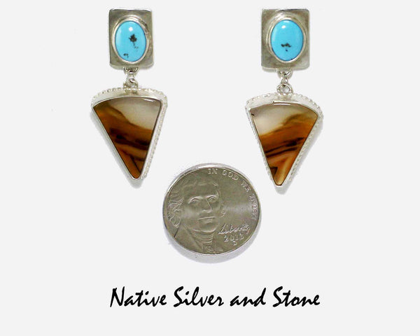 Howard Sice (Hopi-Laguna)<br>Earrings - Dangle Post<br>Turquoise Ovals & Montana Banded Agate Triangles<br>Argentium Sterling Silver