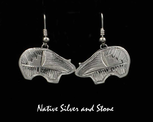 Z Howard Sice - Hopi Laguna<br>1/2"Earrings<br>Etched Bears<br>Hook<br>Argentium Sterling Silver<br>