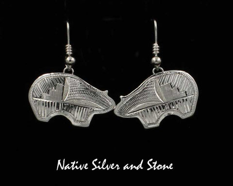 Z Howard Sice - Hopi Laguna<br>1/2"Earrings<br>Etched Bears<br>Hook<br>Argentium Sterling Silver<br>