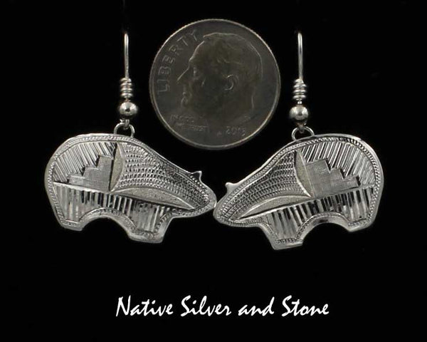 Z Howard Sice - Hopi Laguna<br>1/2"Earrings<br>Etched Bears<br>Hook<br>Argentium Sterling Silver<br>