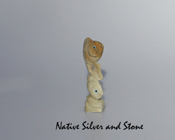 Z Fish - Two Stacked<br>Zuni Fetish Carving<br>Hudson Sandy<br>Picasso Marble w Turquoise & Jet Eyes